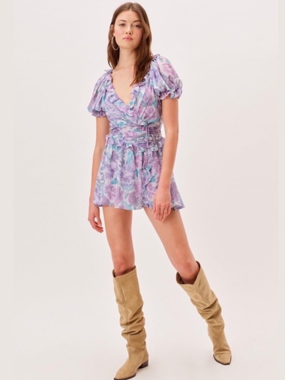 For Love & Lemons Shelly Mini Dress Puff Sleeve Small NWOT Purple Blue Floral